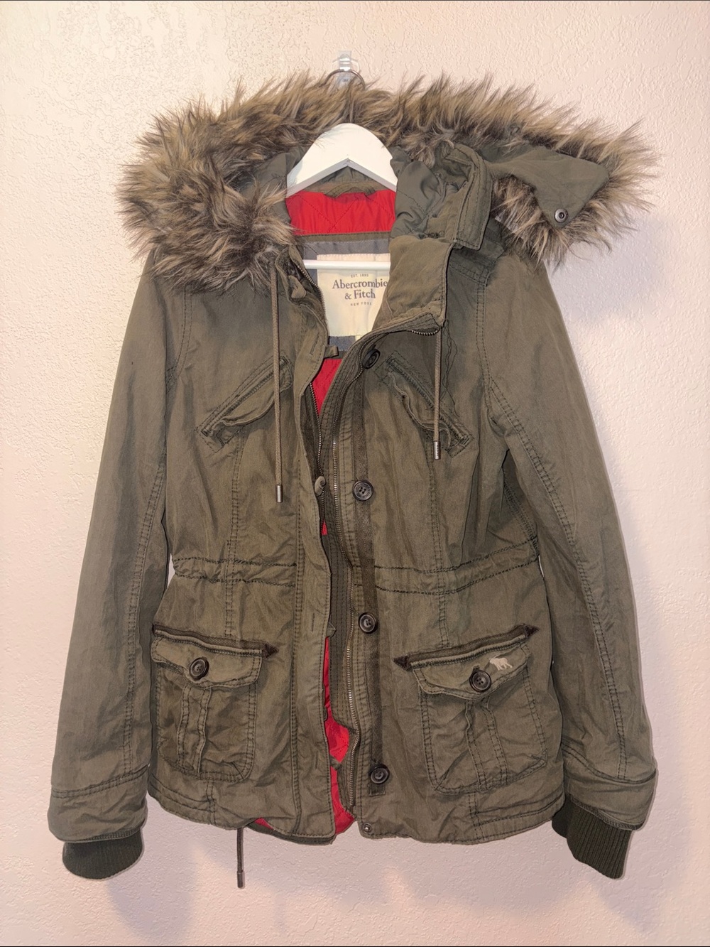 Abercrombie & Fitch Heavy Green Cotton Anorak Coat Faux Fur Hood Trim Large